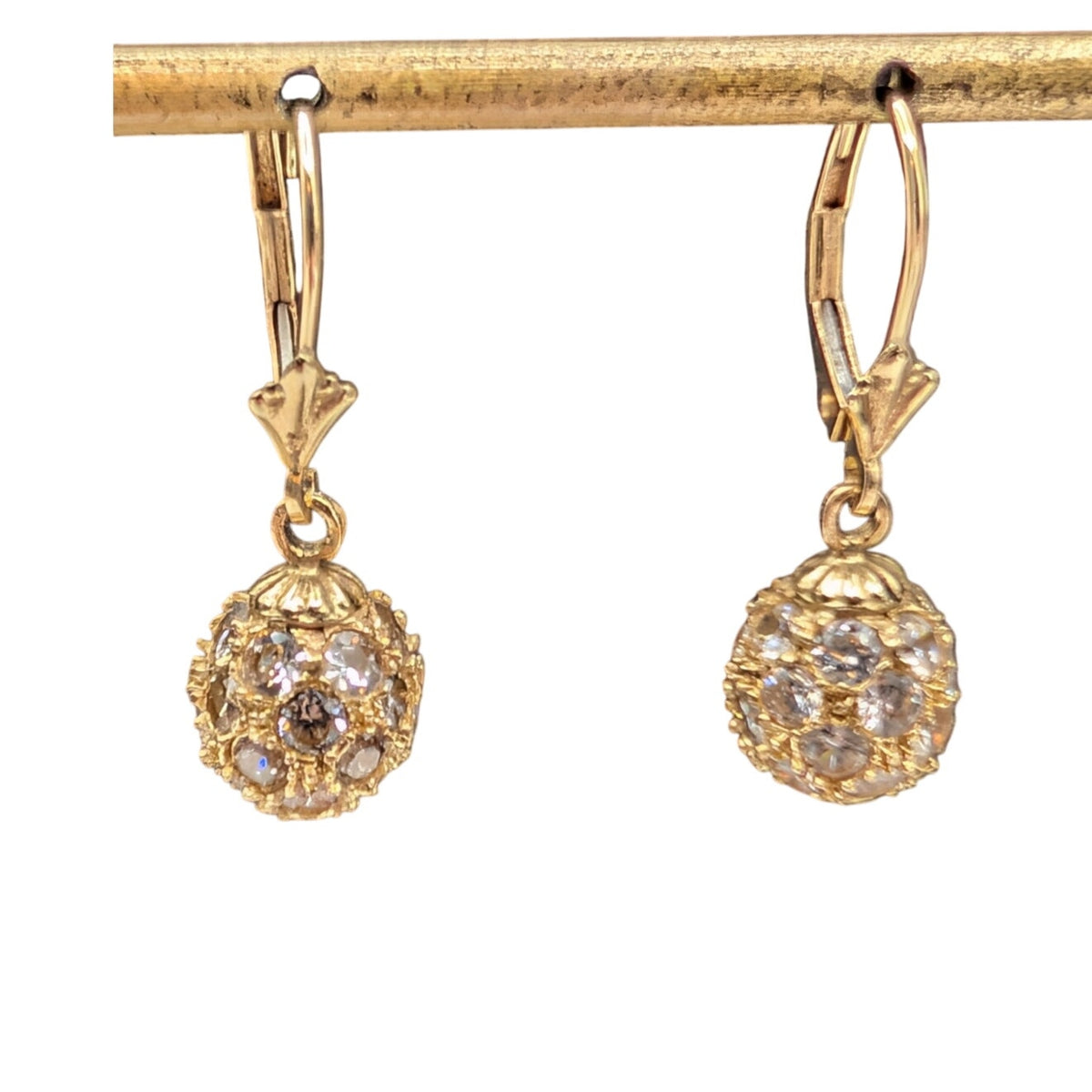 Vintage 14K Cubic Zirconia Fire Ball Dangle Lever Back Earrings
