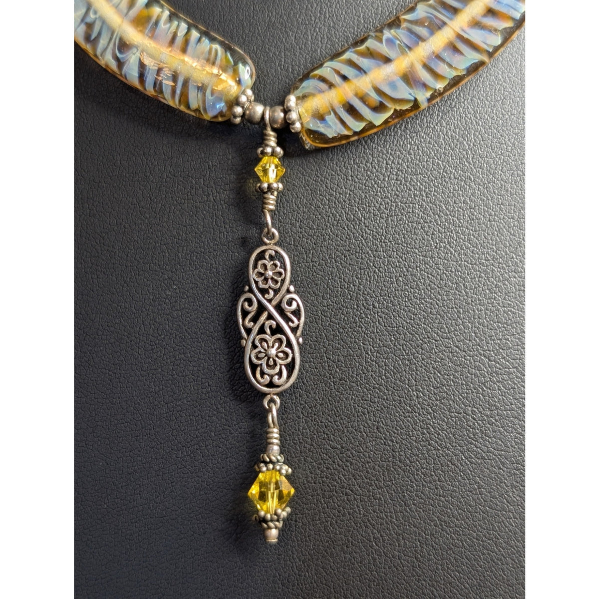 VTG Boho 925 Sterling Silver Fused Glass Crystal Dangle Leather Cord Necklace