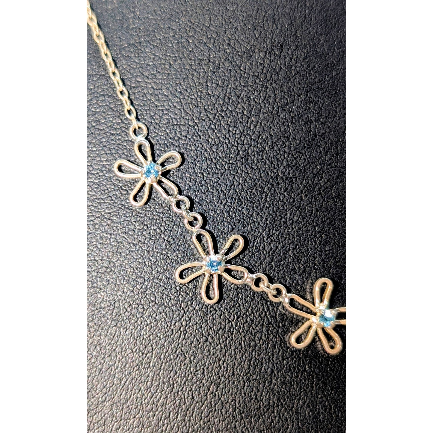 925 Sterling Silver Blue Topaz Five Flower Delicate Chain 16" Necklace
