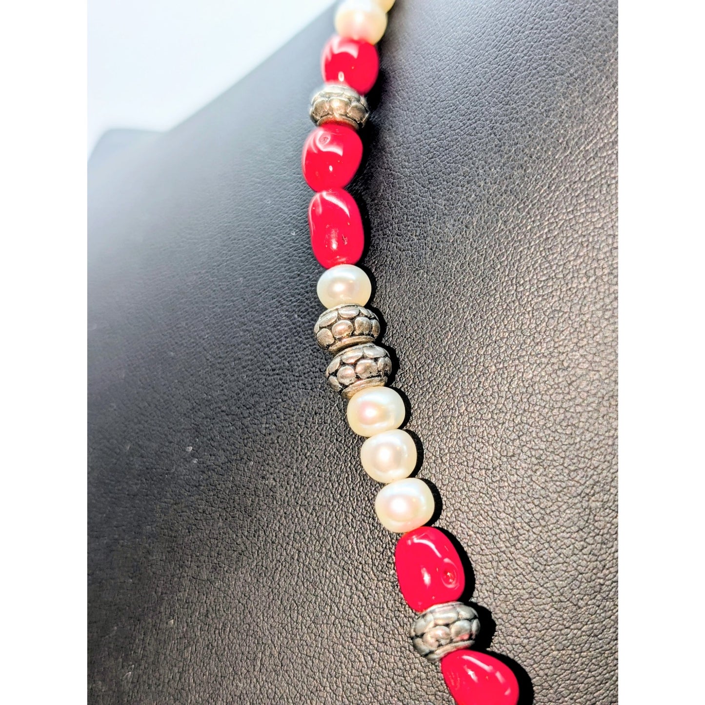 Red Coral Freshwater Pearl Silver Tone Beaded Necklace