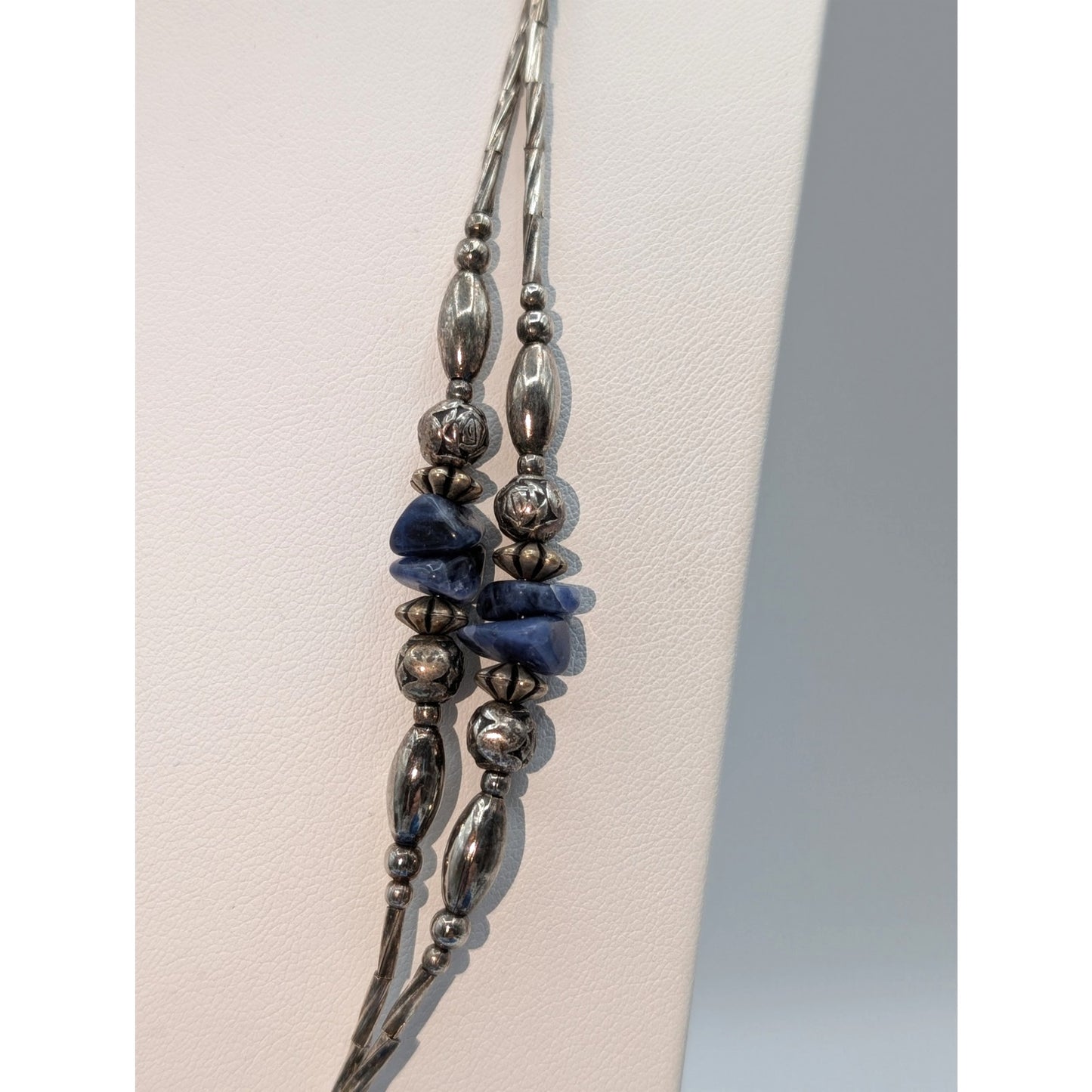 Vintage Twisted Liquid Silver Blue Stone Chip Bead Double Strand 24.5" Necklace