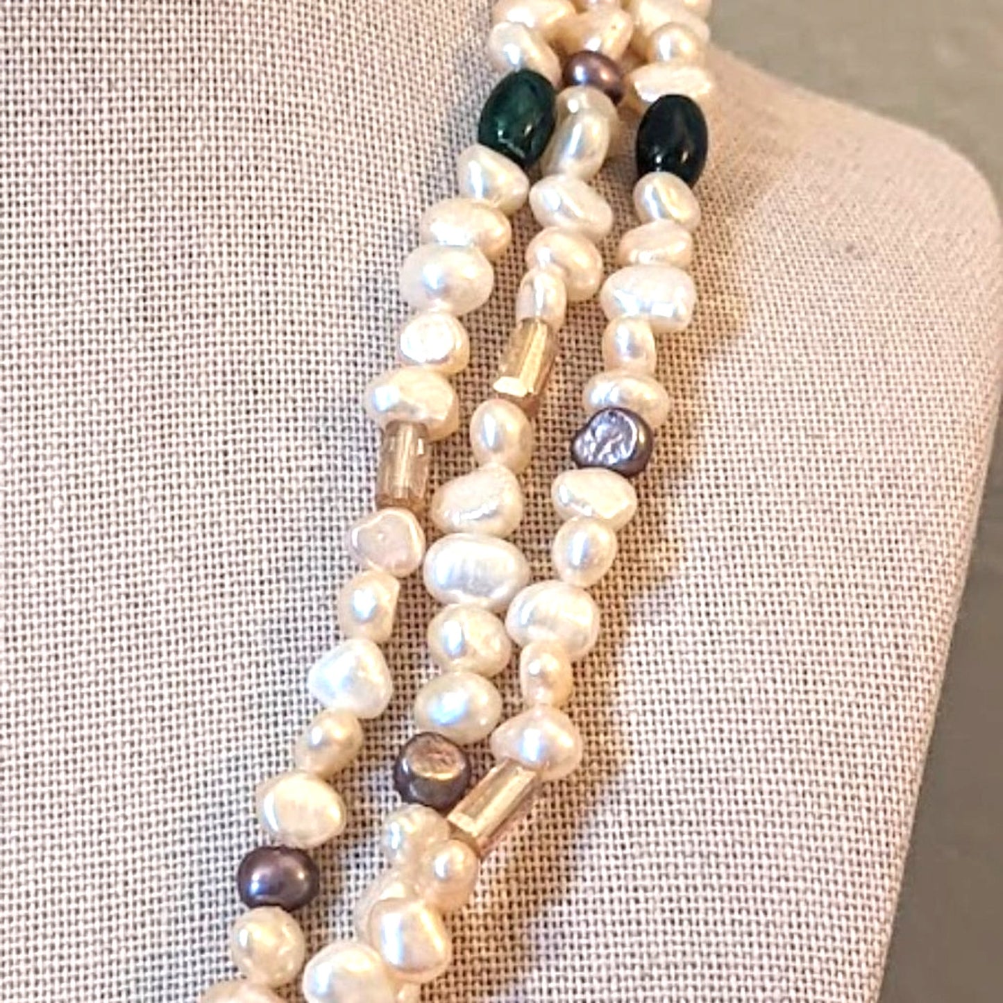 Three Strand Freshwater Cream and Plum Pearls with Lovely Glass Scattered Beads