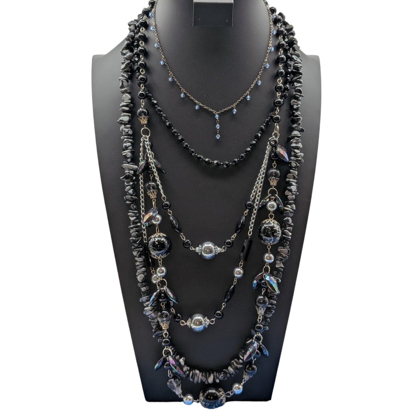 Lot of 4 Black Gray Silver Tone Stone Glass Crystal & Acrylic Beaded Necklaces