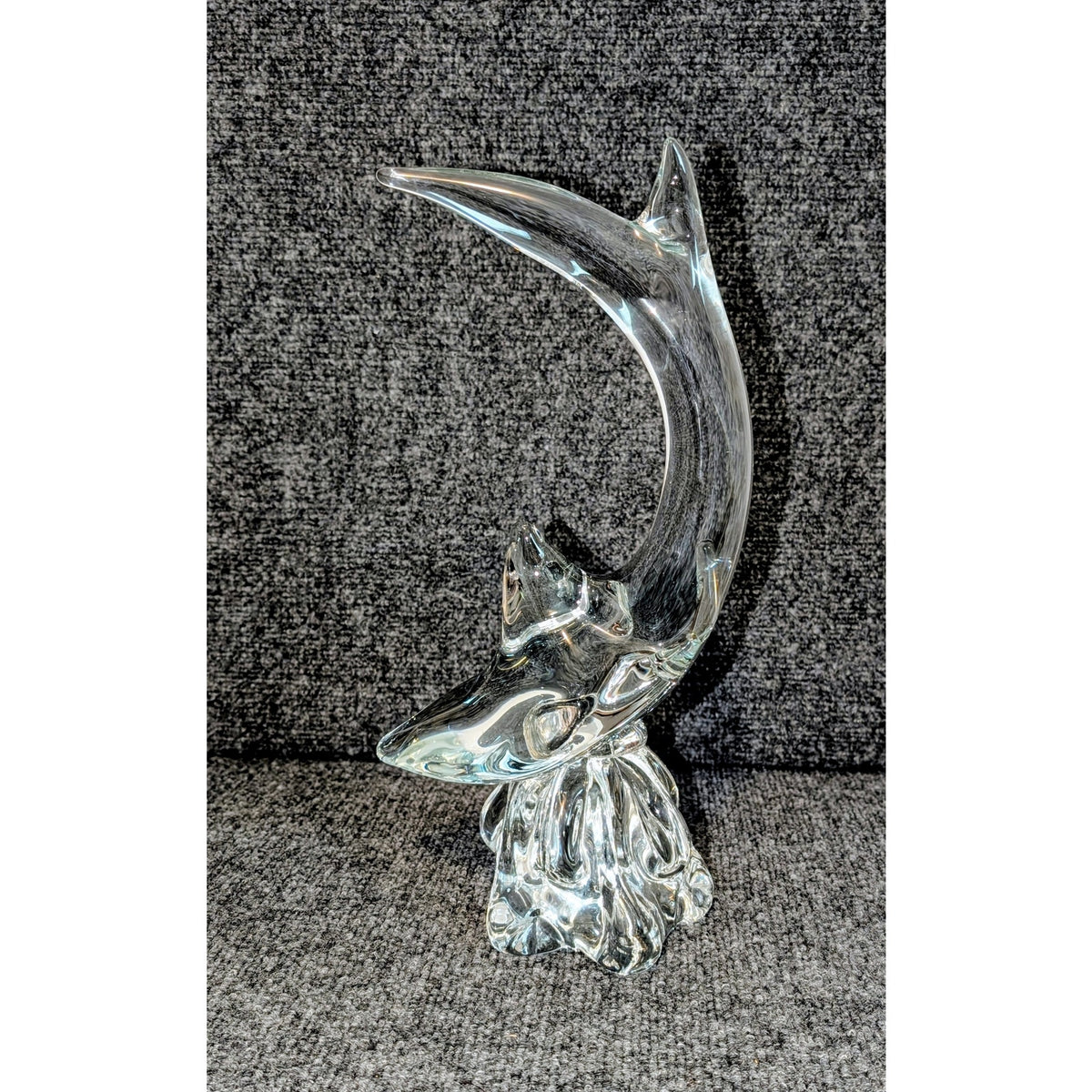 Estate Sale Mid-Century Murano Large Clear Art Glass Shark on Wave Figurine 13"