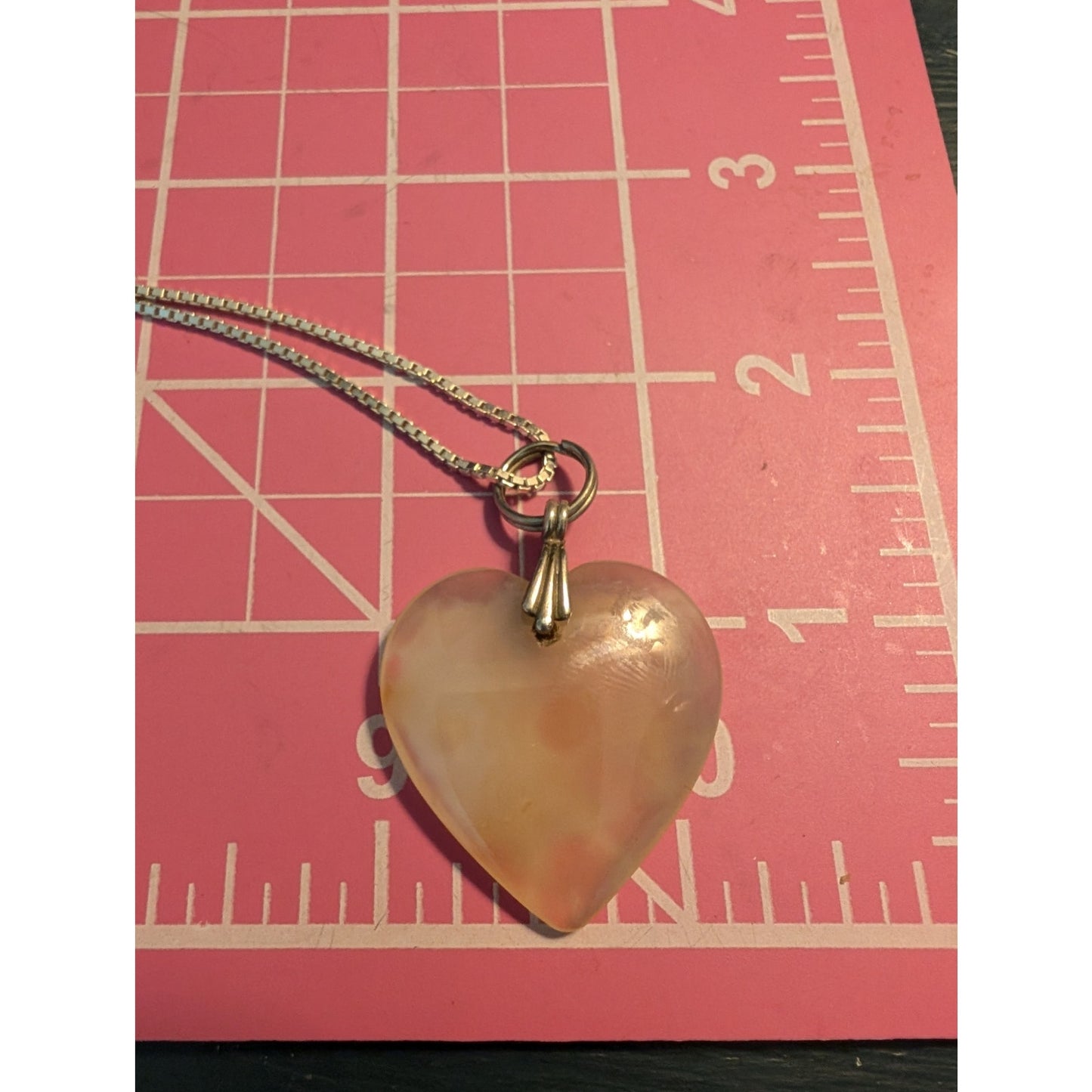 Vintage 925 Sterling Silver Cream Stone Heart Pendant on Box Chain