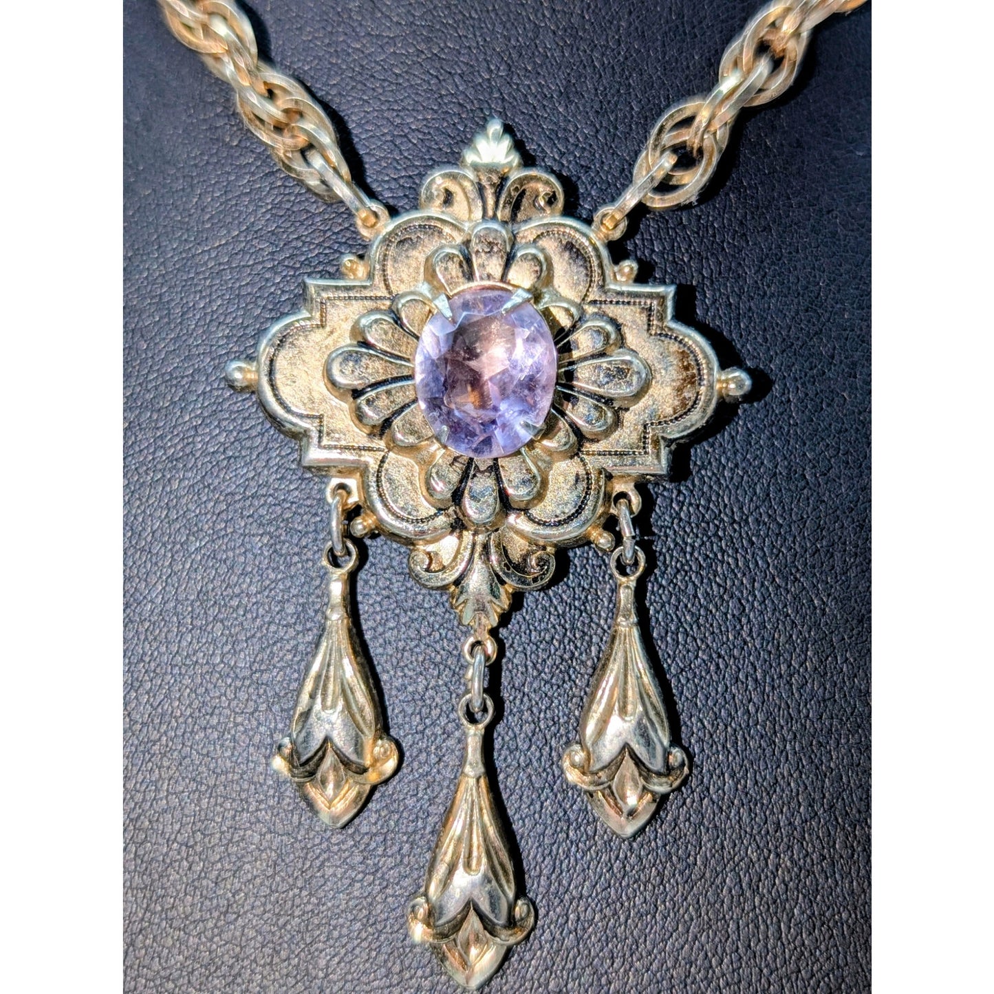 Vtg Signed Coro Victorian Art Nouveau Gold Plated Amethyst Stone Necklace