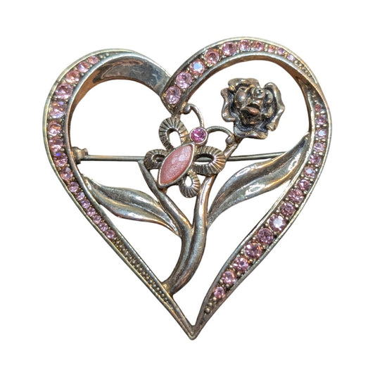 Vintage Gold Tone Pink Rhinestone Heart Rose Butterfly Brooch/Pin