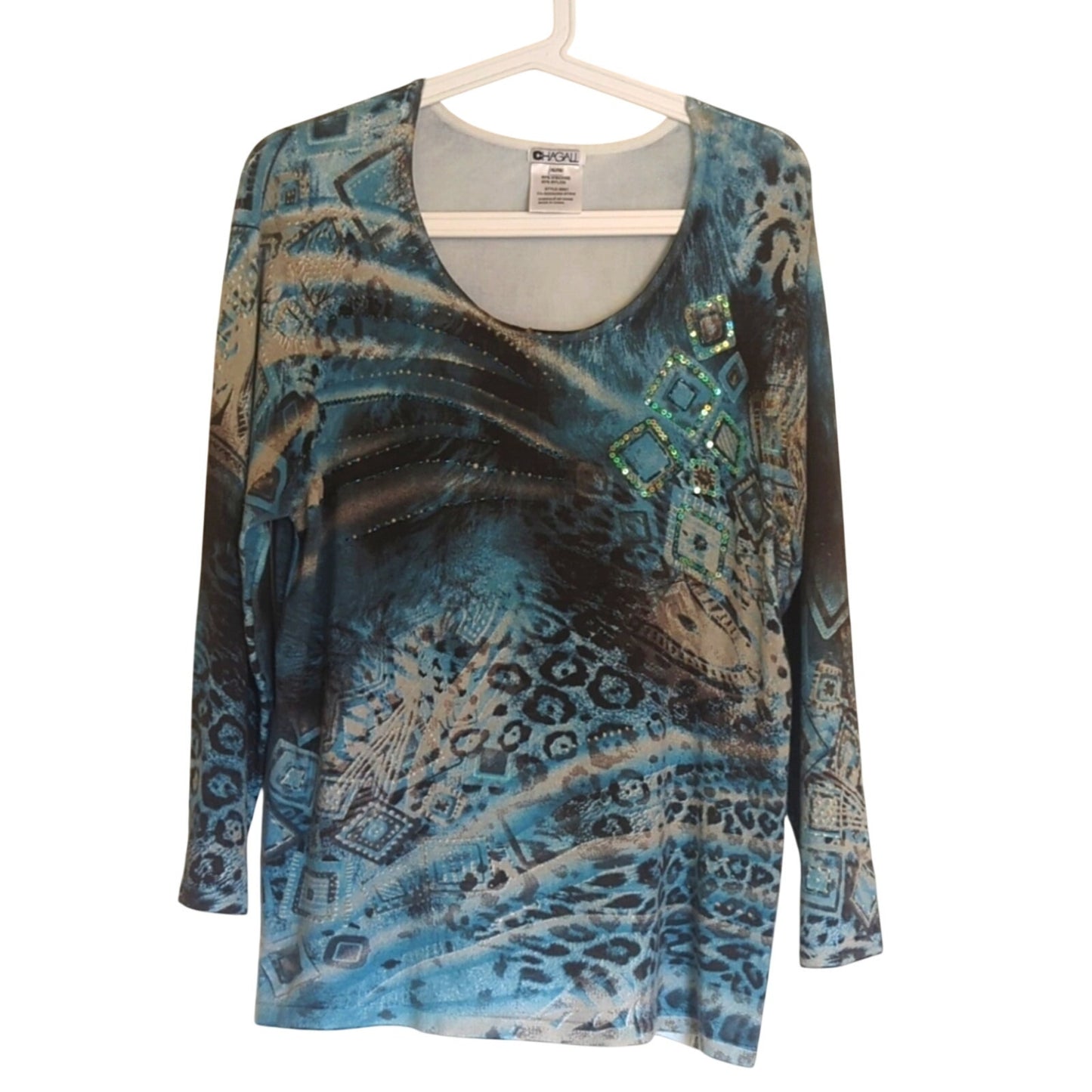 Chagall Turquoise Animal Print Sequin Embellished Lightweight Sweater Sz. XL