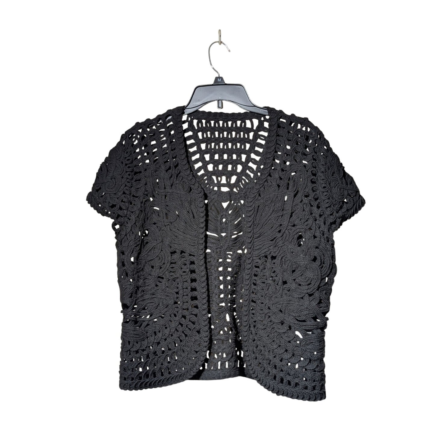 Coldwater Creek Black Crochet 100% Cotton Open Front Open Weave Sweater Sz S