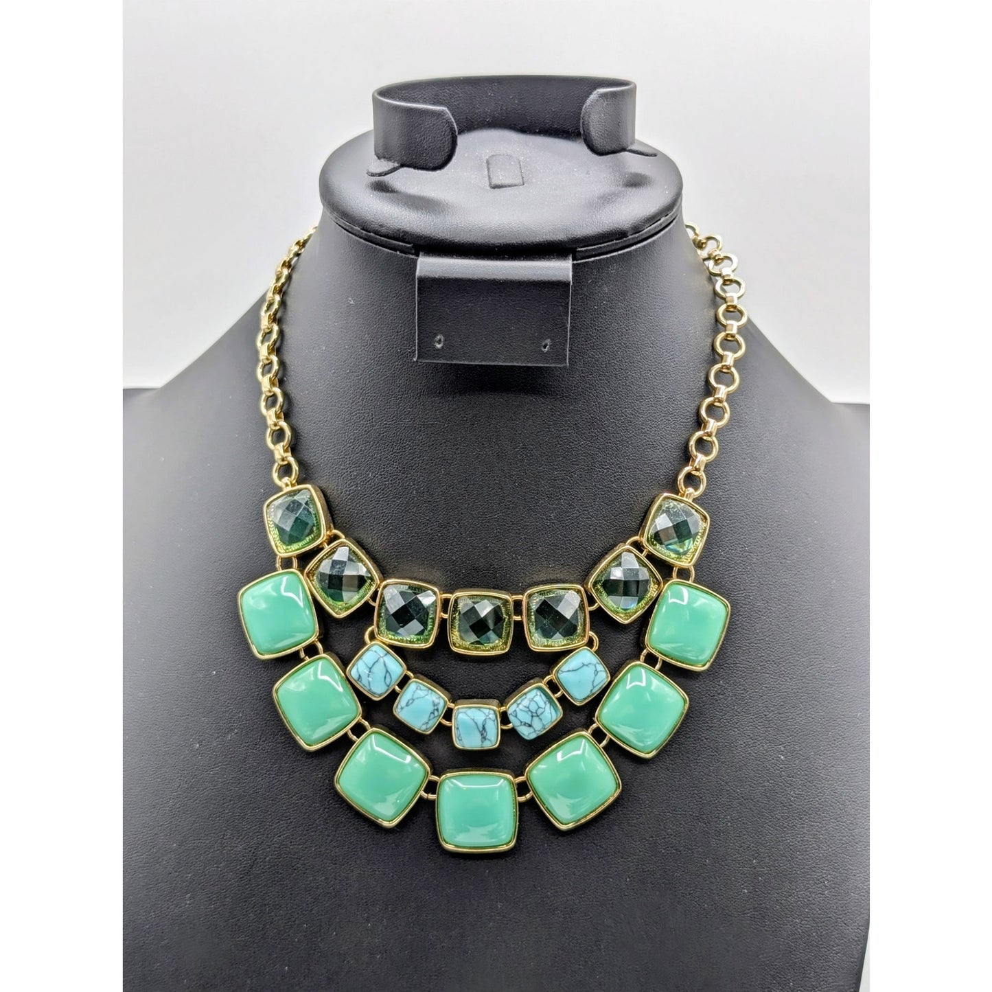 Anne Klein Triple Tier Blue Green Bead Gold Tone Toggle Clasp 17"-18" Necklace