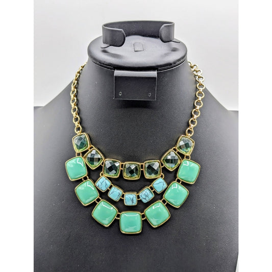 Anne Klein Triple Tier Blue Green Bead Gold Tone Toggle Clasp 17"-18" Necklace