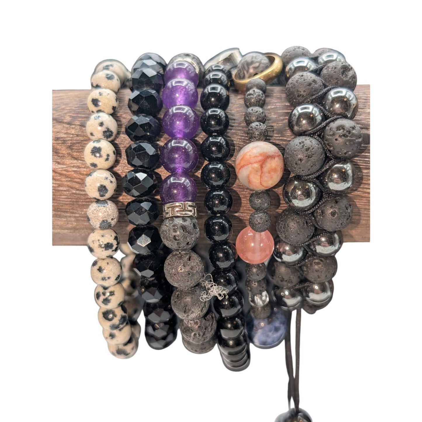 Lot of Eleven Black Theme Stone & Glass Bead Bracelets