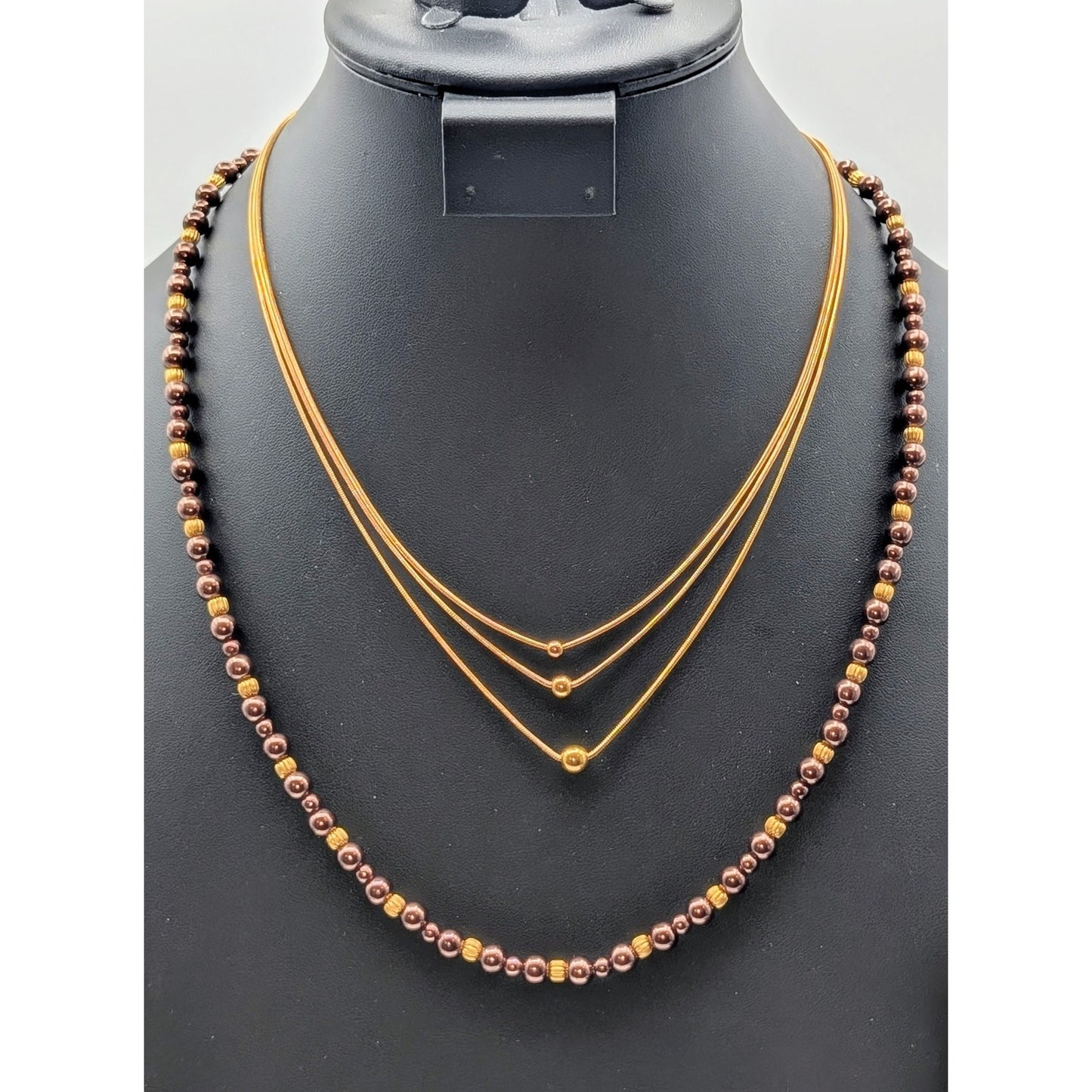 Two Gold Tone Beaded Necklaces--1 Triple Strand Ball Bead & 1 Copper Glass Bead