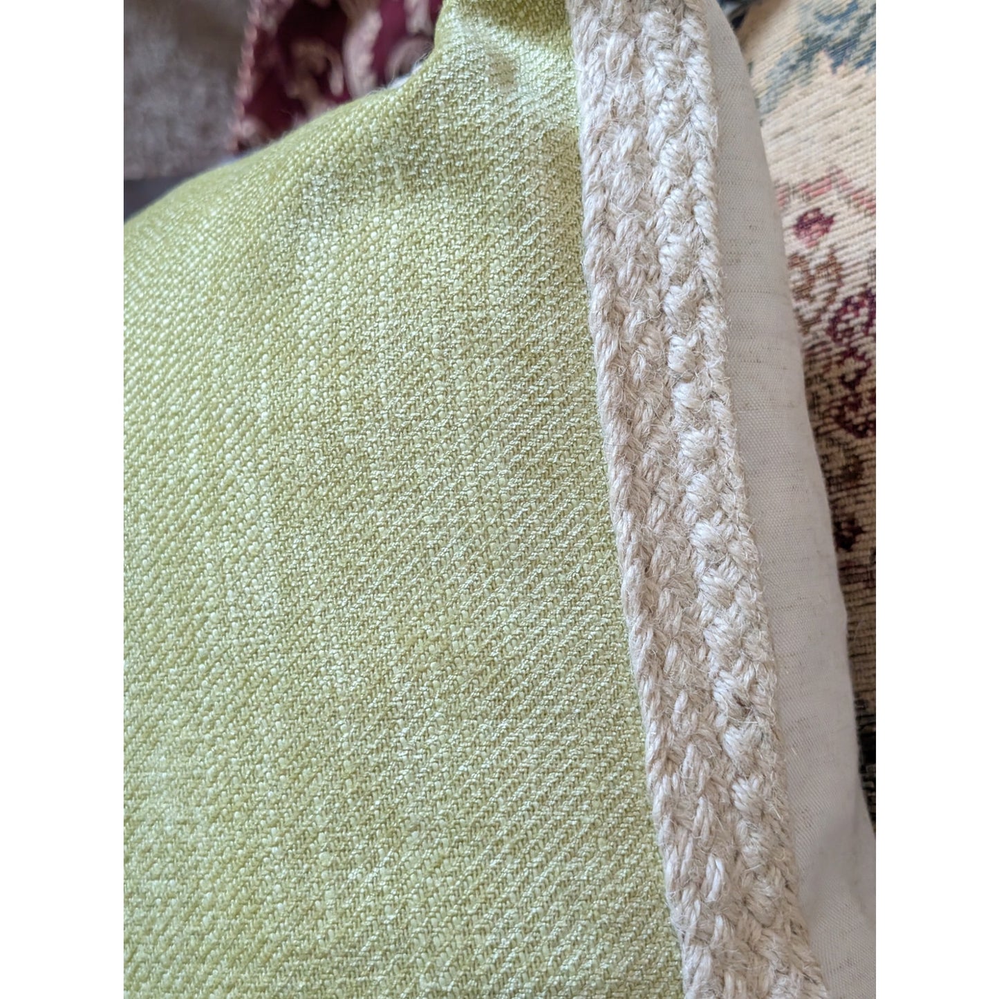 Green Chenille Jute Braided Trim Linen Look Zippered Back Feather Fill Pillow