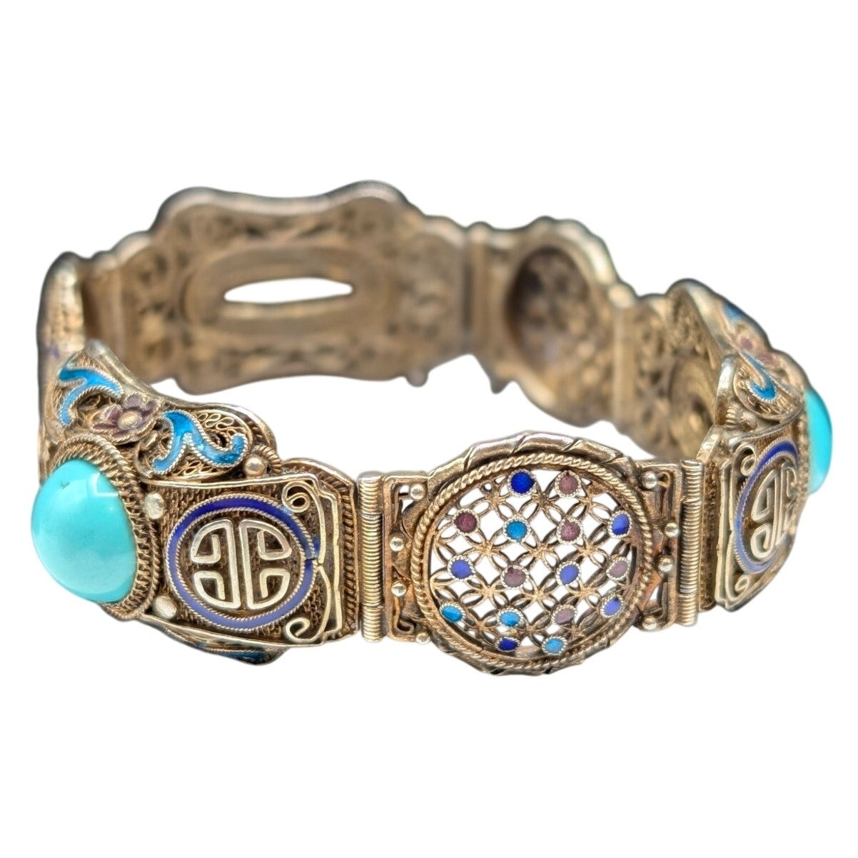 Antique 1900 Chinese Export .900 Silver Gilt Filigree Turquoise Enamel Bracelet