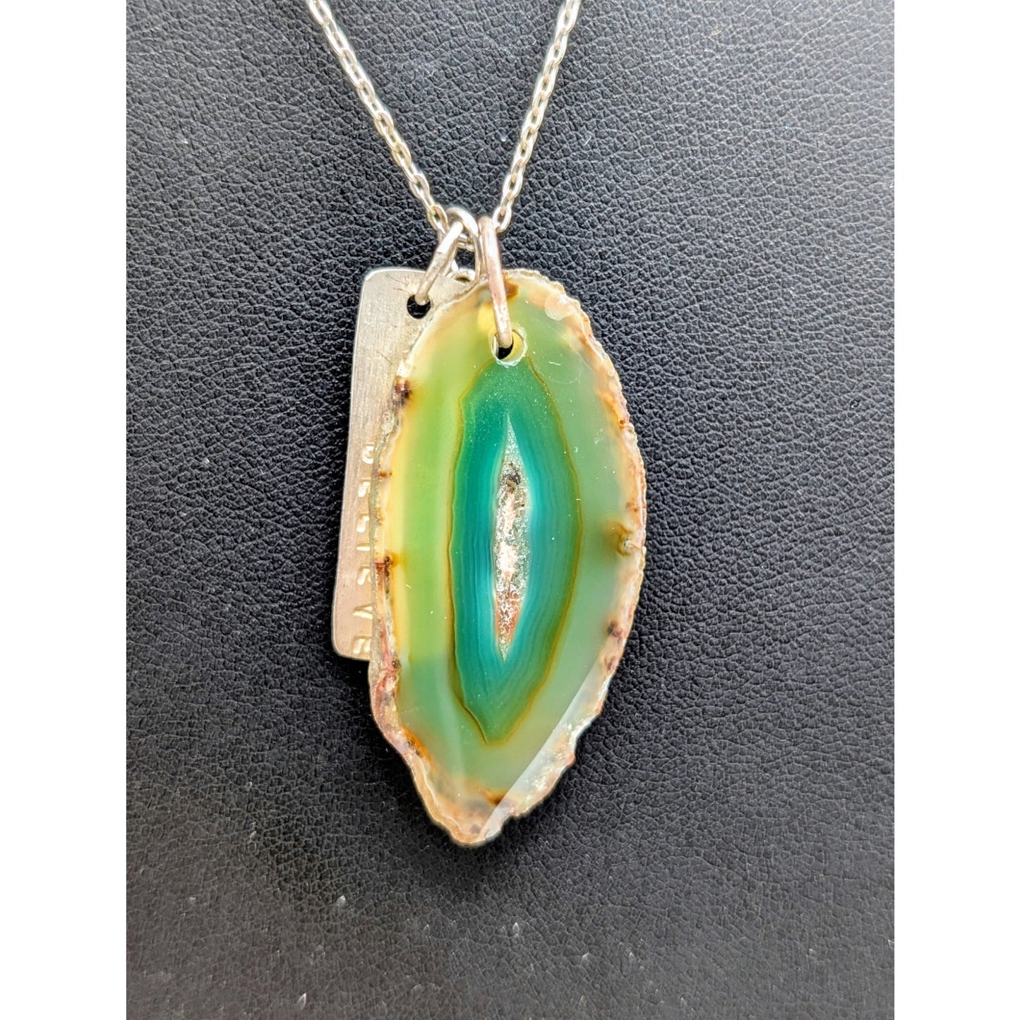 Vtg 925 Sterling Green Agate Slice 'Believe' Angel Wing Charm Pendant Necklace