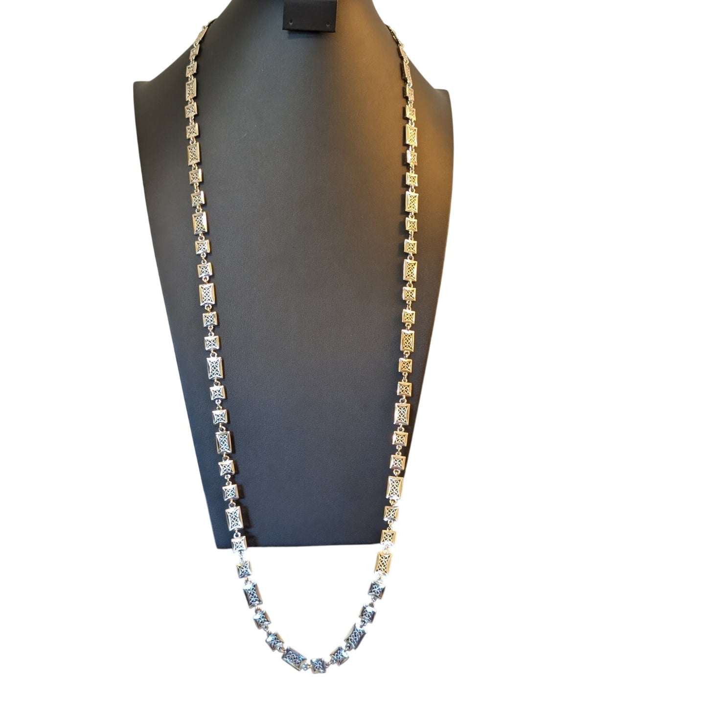 Vintage 42" Silver Tone Rectangle Floral Filigree Link Chain Necklace