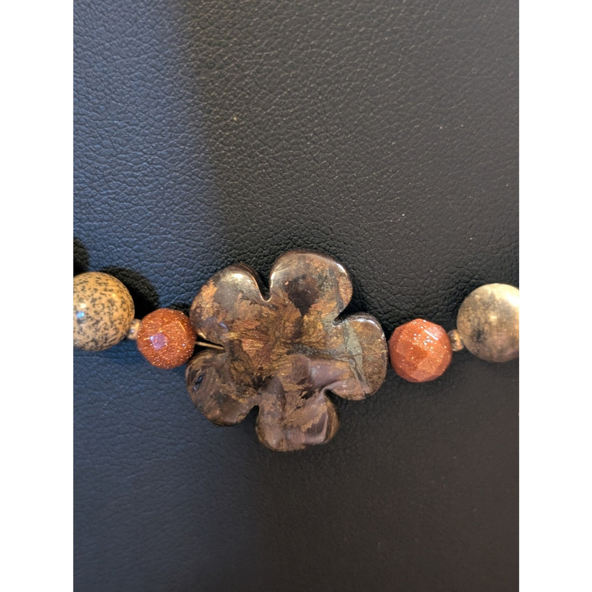 Jasper Agate Brown Stones & Goldstone Beaded Stone Flower 19.5" Necklace