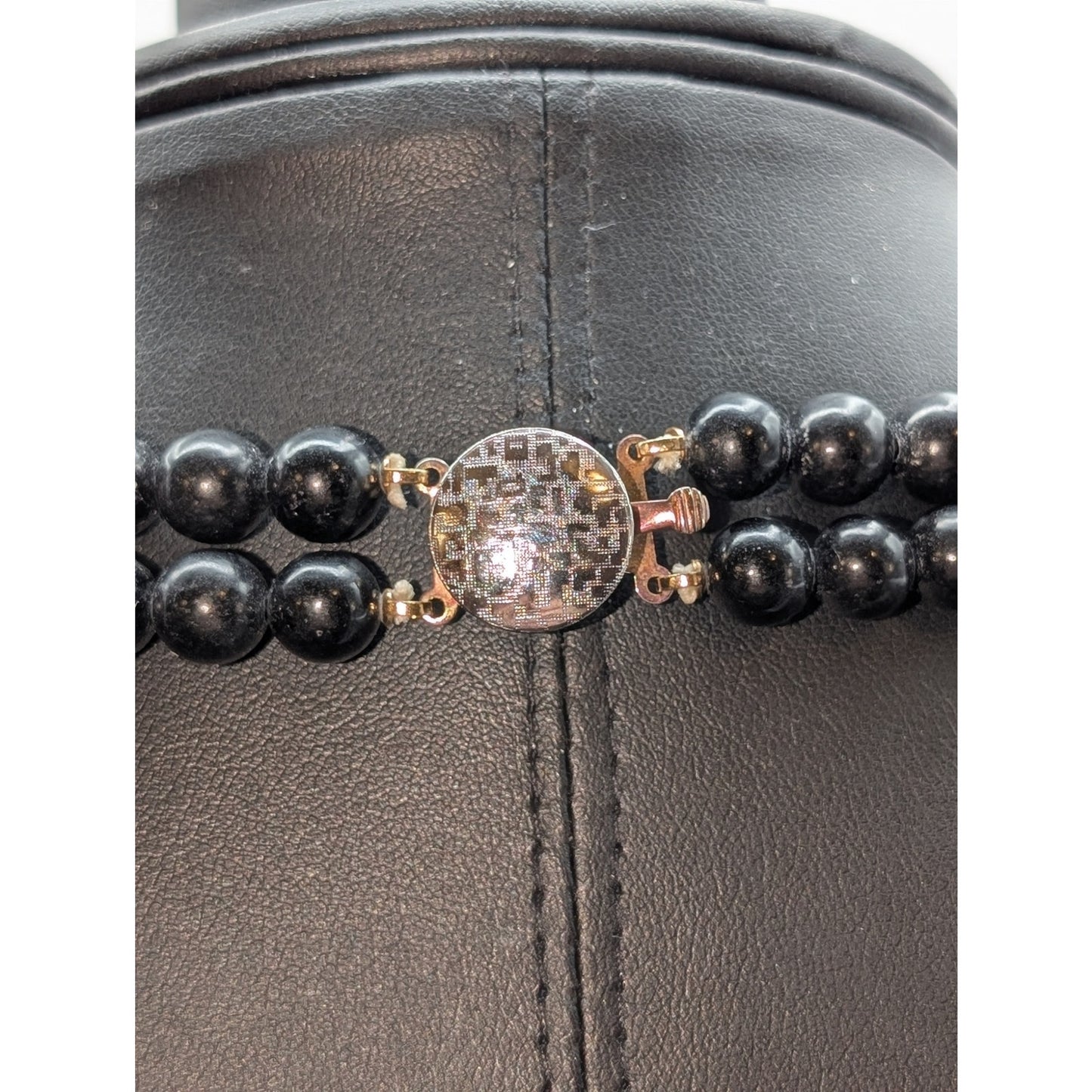 Vtg Black Glass Gold Tone Bicone Crystal & Rondelle Bead Double Strand Necklace