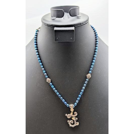 Barbara Bixby Sterling & 18K Gold Initial Letter 'J' Pendant Blue Pearl Necklace
