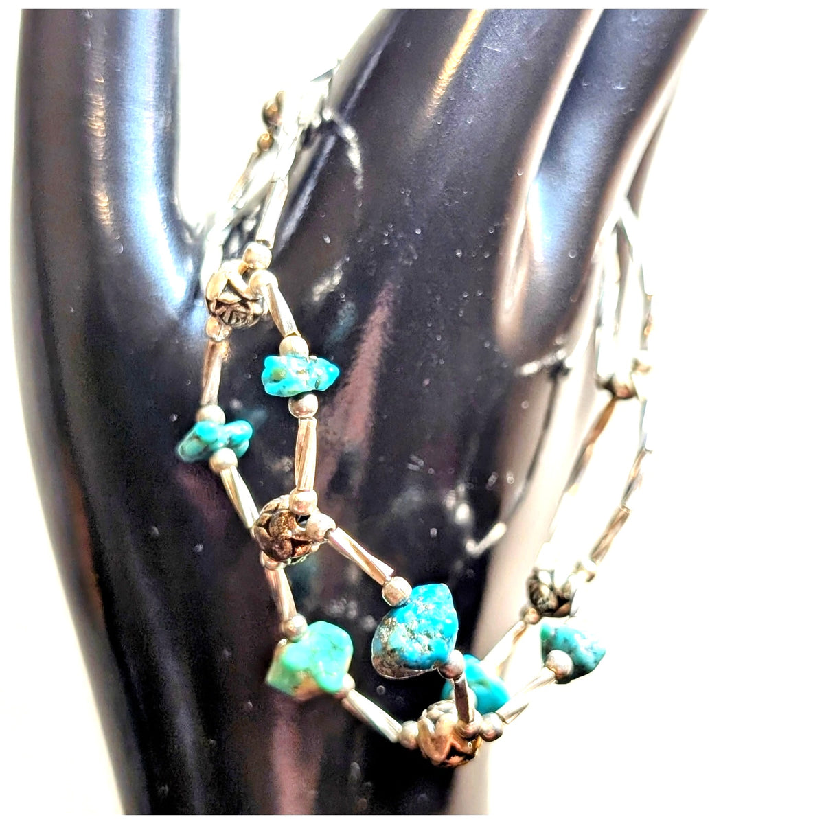 Vintage 70s Twisted Liquid Silver Turquoise Bead Barrel Clasp Bracelet