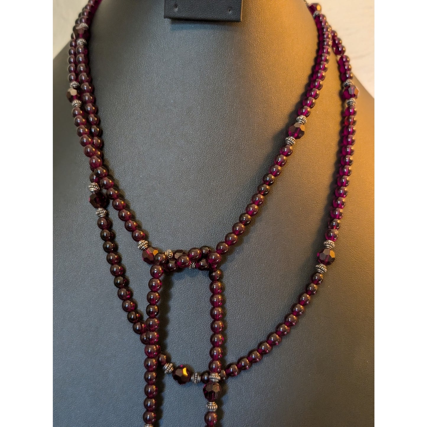 Boho Garnet Glass Bead Cranberry Pearl Sterling Leaf Tassel 63" Lariat Necklace