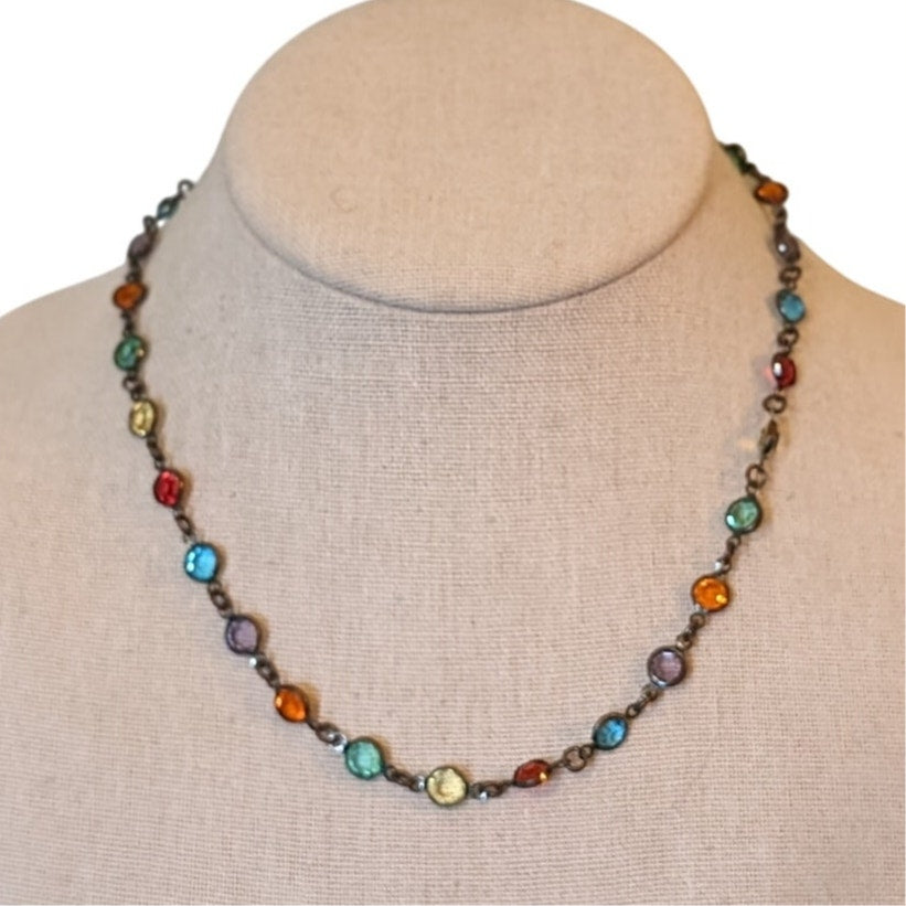 Colorful Bezel Set Crystals Antiqued Choker Chain 16.5-19.5" Necklace