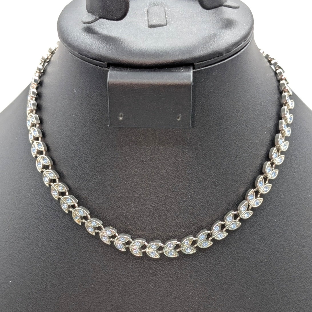 Light Blue Crystal Leaf Pattern Silver Tone Choker 16" Necklace