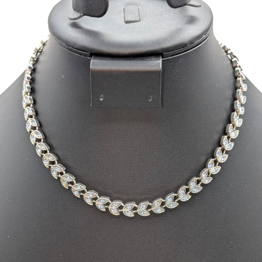 Light Blue Crystal Leaf Pattern Silver Tone Choker 16" Necklace