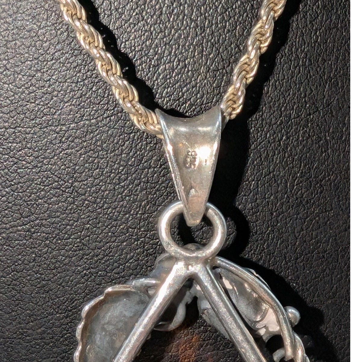 Vintage Large Baltic Amber Sterling Silver Rose Leaf Design Pendant Necklace