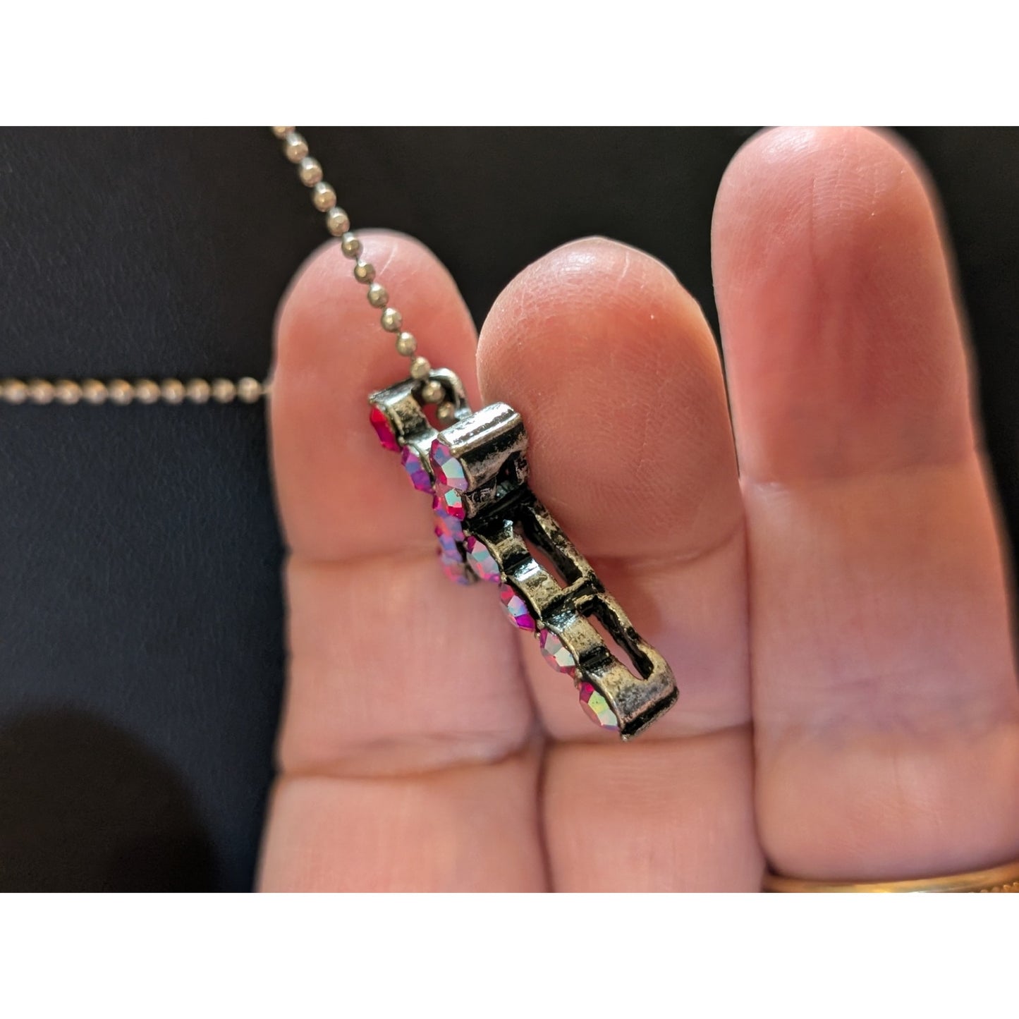 Pink AB Aurora Borealis Crystal Cross Necklace W/ Beaded Silver Tone Chain