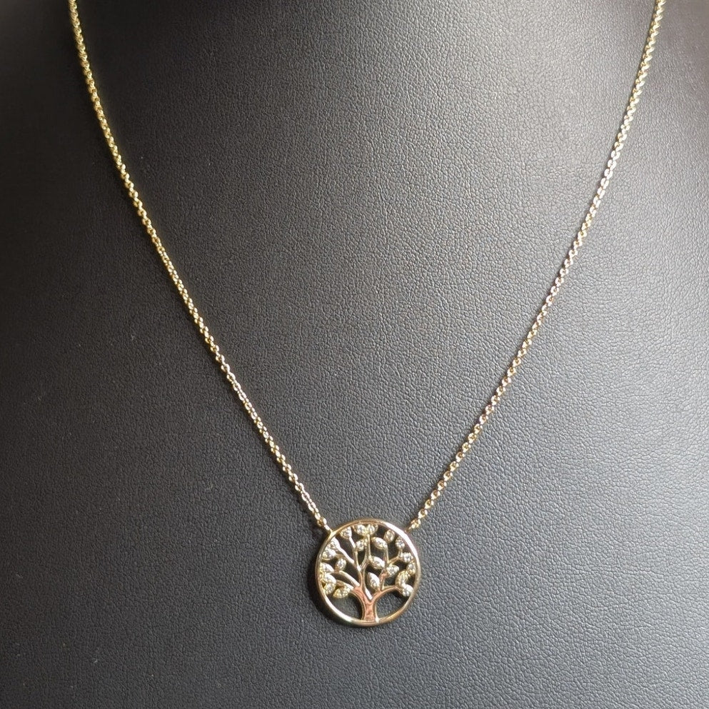 CZ Tree of Life Pendant Necklace in Yellow Vermeil Sterling Silver W/ 18" Chain