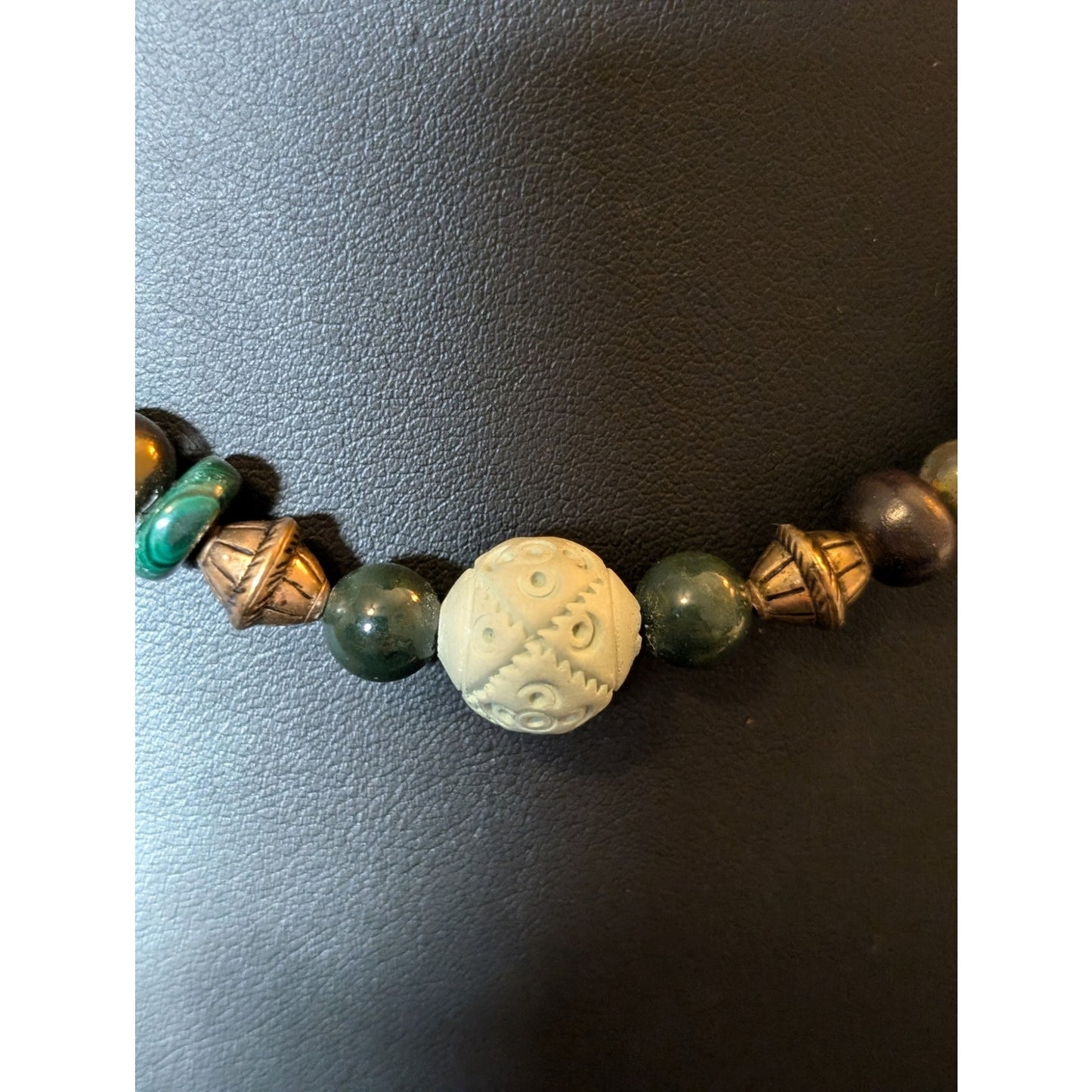 Green Stone Glass Bead Necklace W/ Carved Mint Green Center Bead