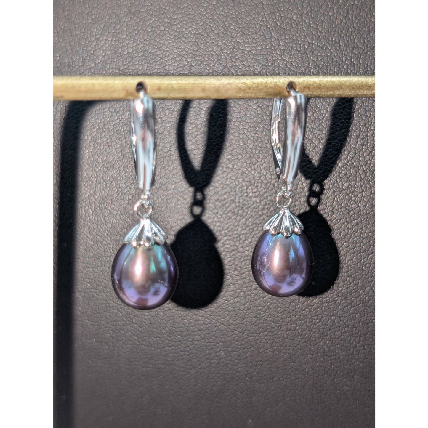 925 Sterling Silver Genuine Purple Teardrop Pearl Lever Back Earrings