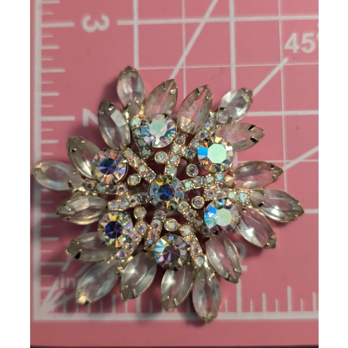 Vintage Unsigned Aurora Borealis Rhinestone Layered Flower Brooch