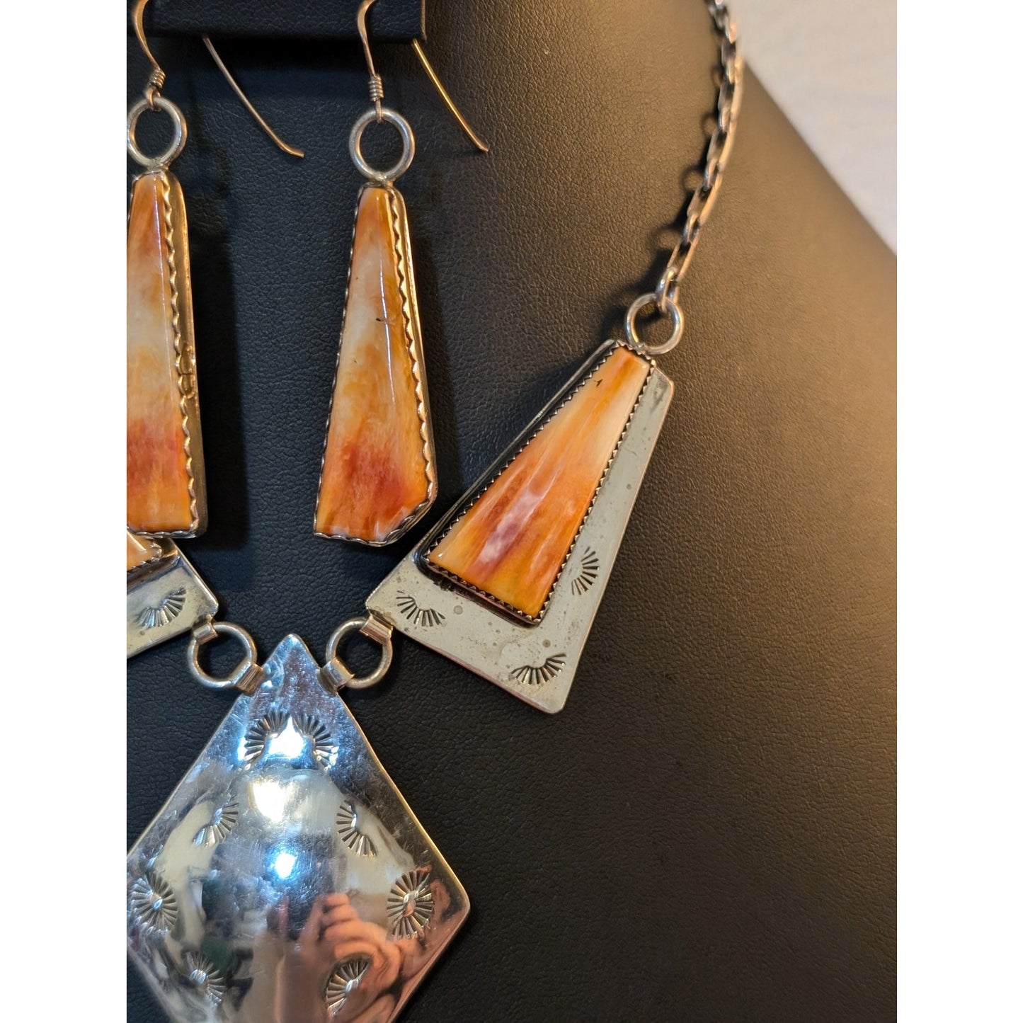 Navajo Native American Sterling B.J. Guerro Spiny Oyster Necklace & Earrings Set