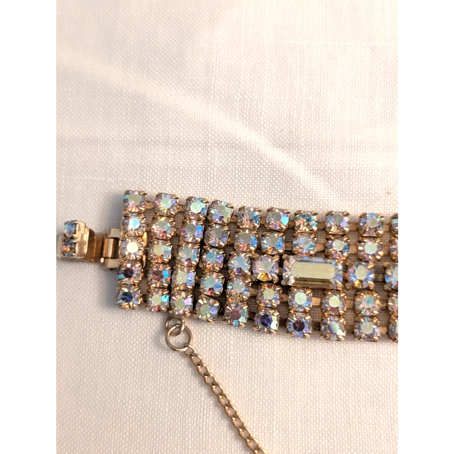 Vintage 1960s Unsigned Aurora Borealis Crystal Gold Tone Wide Bracelet W/ Safety