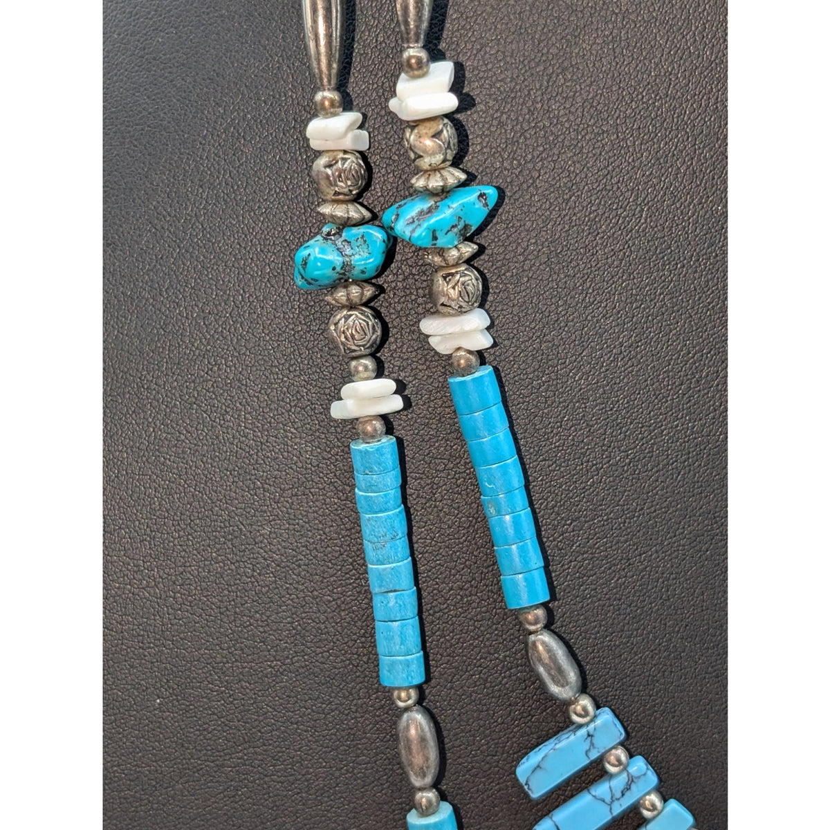 1970s Native American Liquid Silver Turquoise Double Strand Beaded Necklace