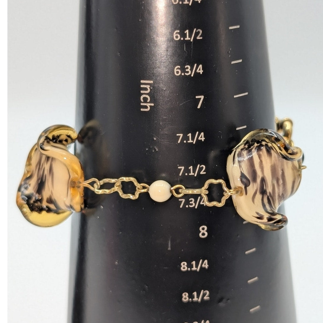 Antica Murrina Italian Ruffled Tiger Striped Glass Bead Gold Tone Chain Bracelet