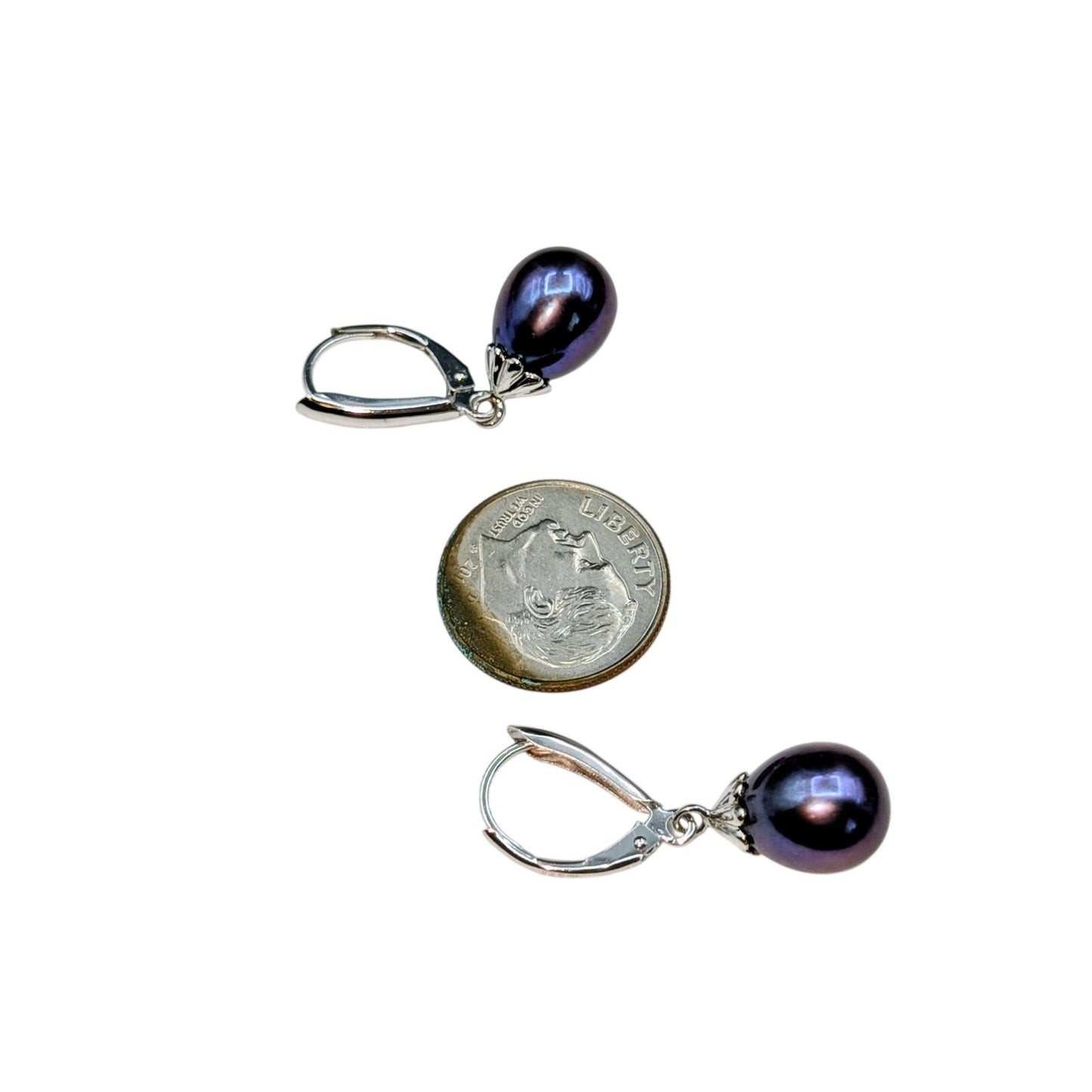 925 Sterling Silver Genuine Purple Teardrop Pearl Lever Back Earrings