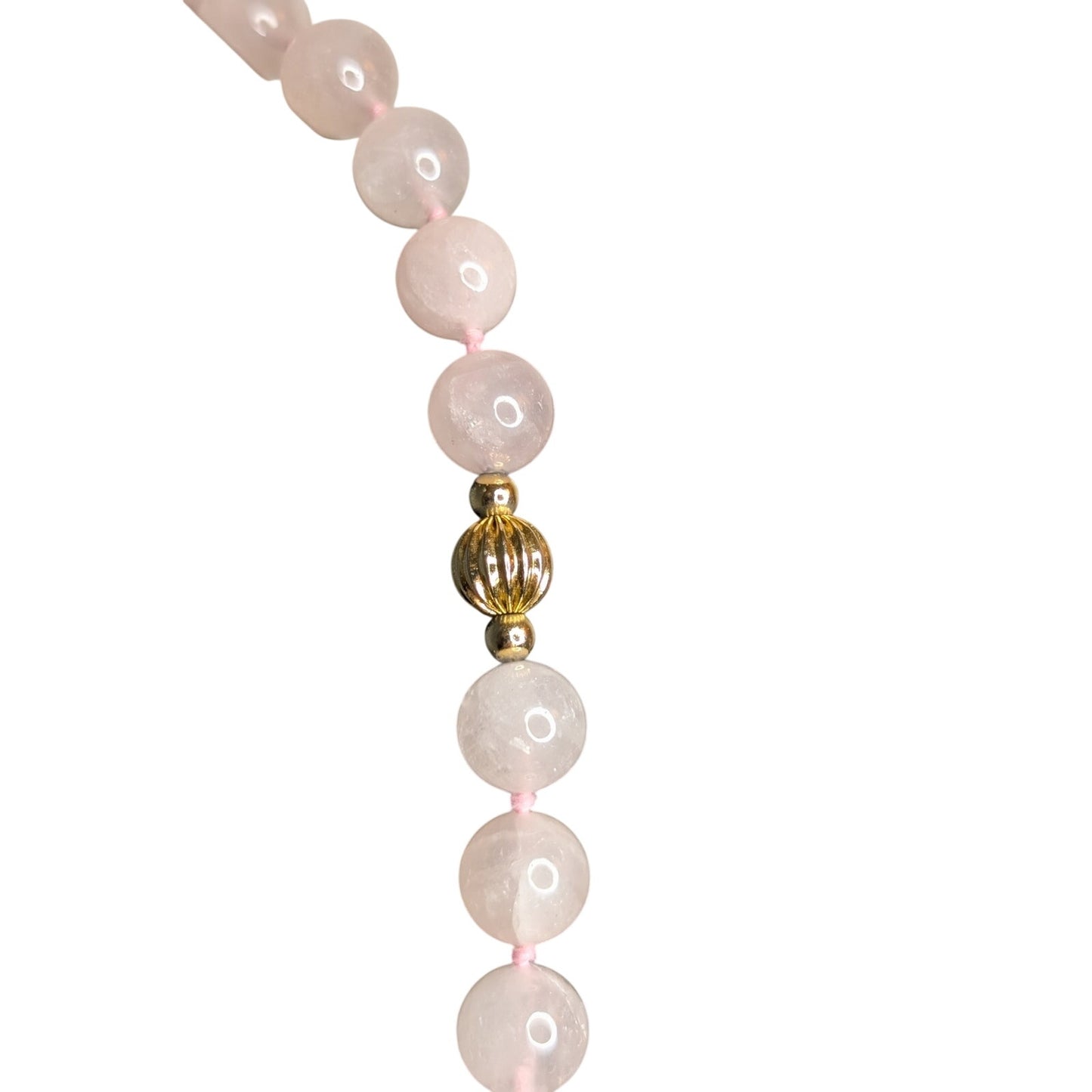 Ice Cold Rose Quartz & Gold Striated Bead Hand Knotted Over the Head Necklace