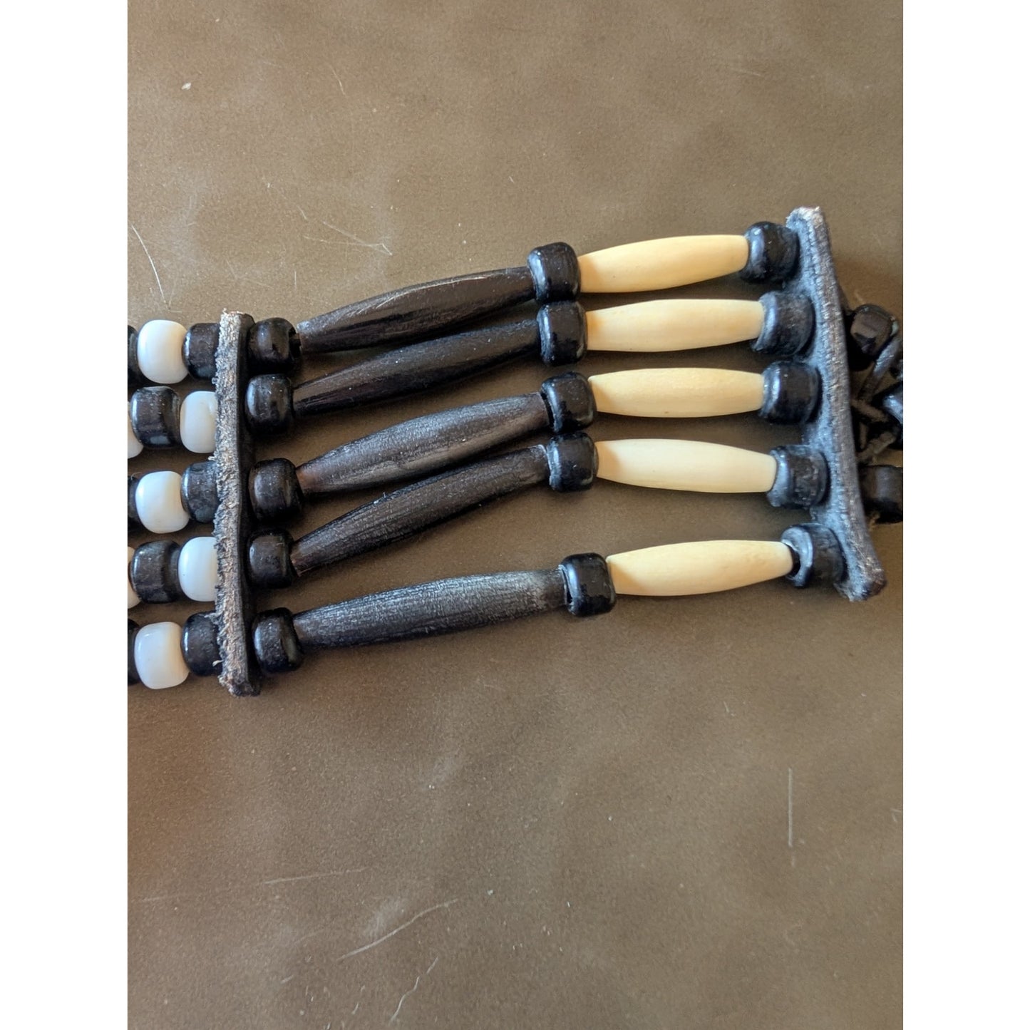 Native American Abalone Disc 5 Strand Bone Hairpipe & Glass Bead Leather Choker