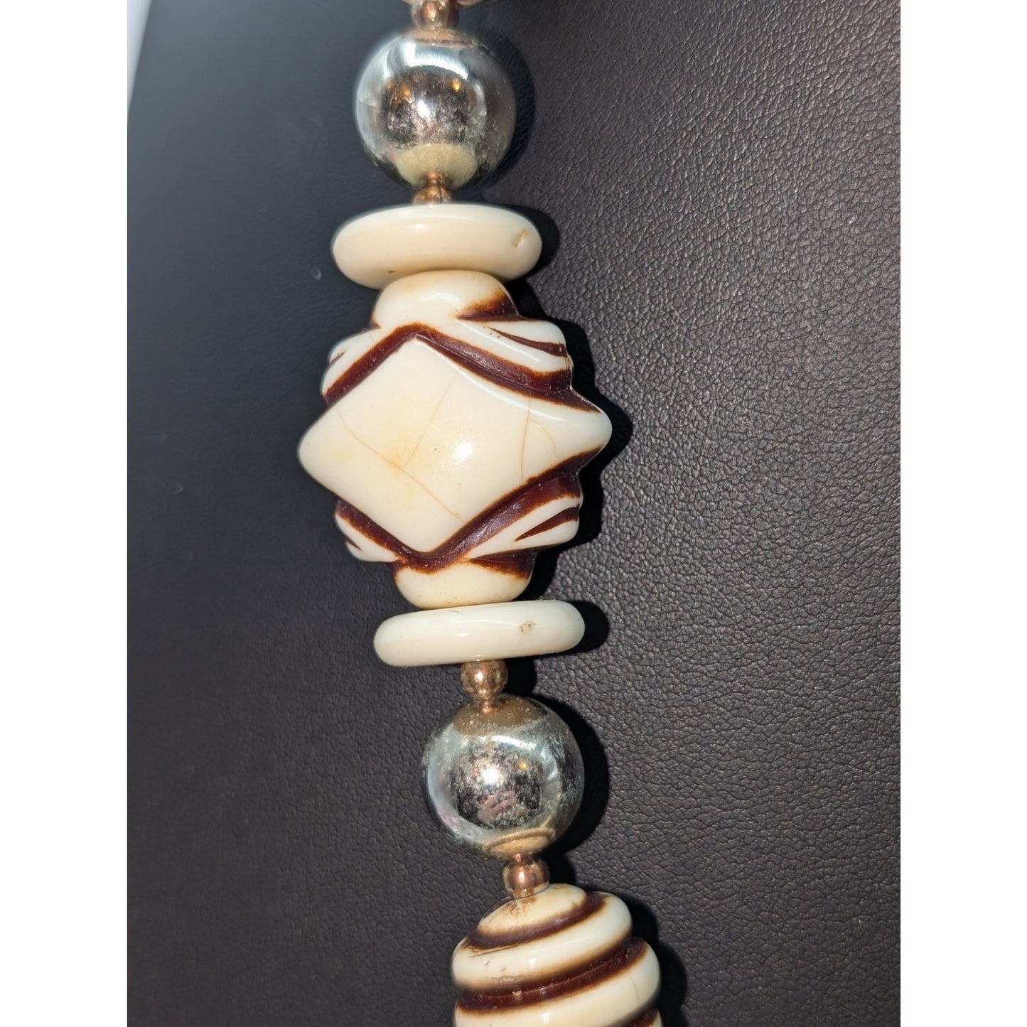 Vintage Cream Brown Stripe Silver Tone Beaded 25" Necklace