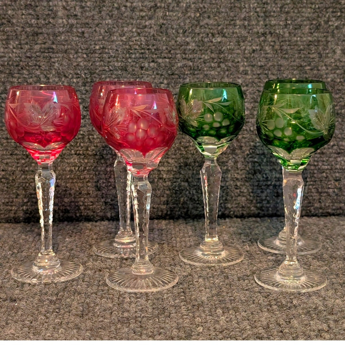 Vtg Czech Bohemian 3 Cranberry & 3 Green Cut to Clear Crystal Cordials Set of 6
