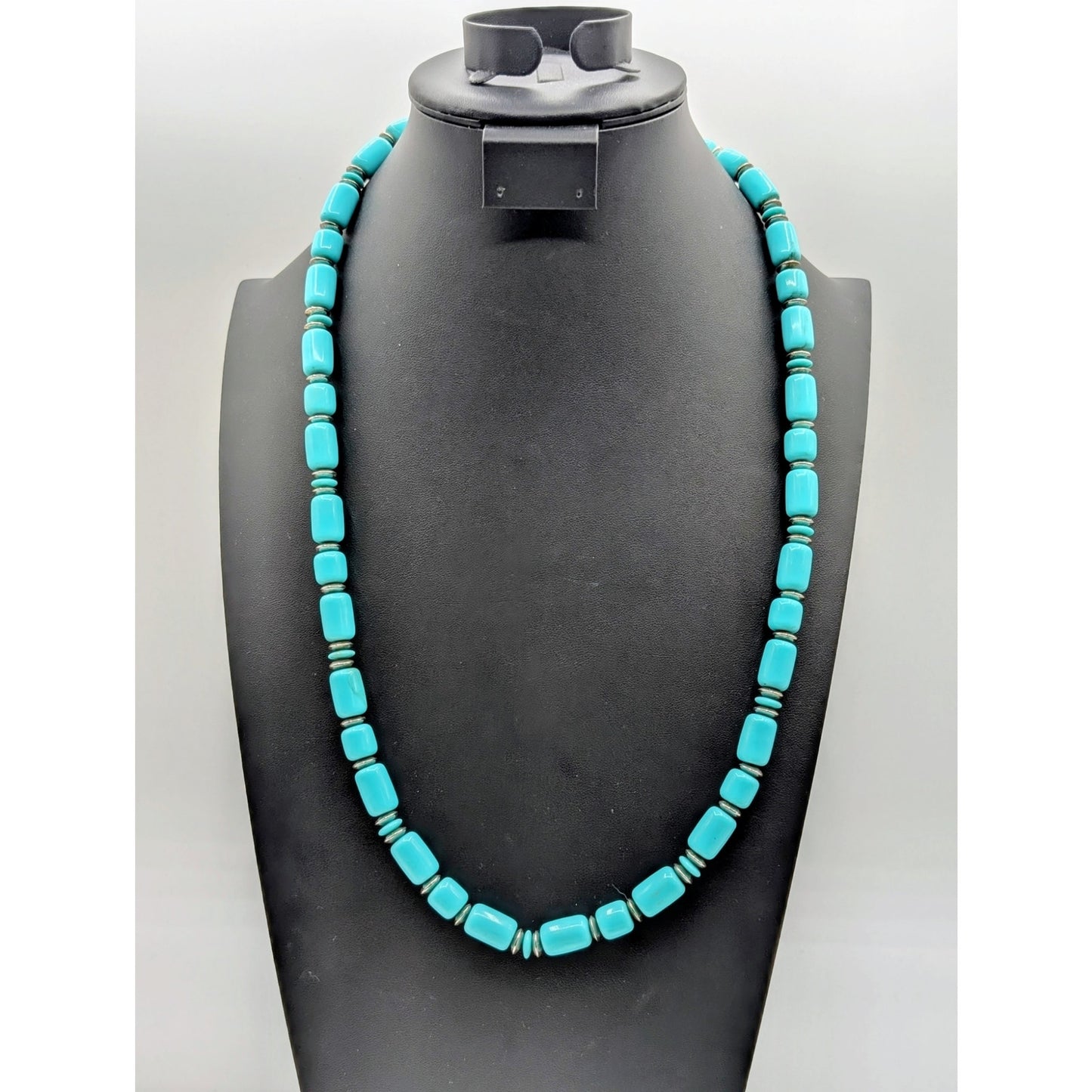 Vintage Bohemian Lucite Blue Barrel & Silver Tone Beaded  Approx. 28" Necklace