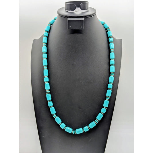Vintage Bohemian Lucite Blue Barrel & Silver Tone Beaded  Approx. 28" Necklace