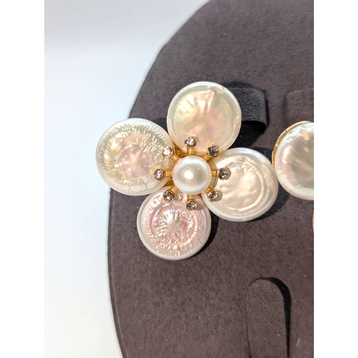C & C California White Daisy Pearl Rhinestone Gold Tone Flower Earrings