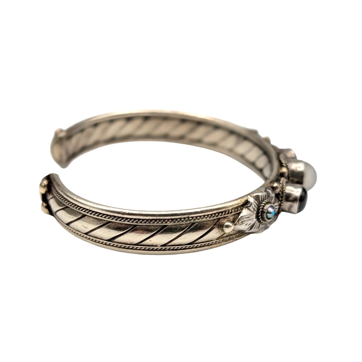 Vintage 70s Silver Metal Semi-Precious Stones India Cuff Bracelet
