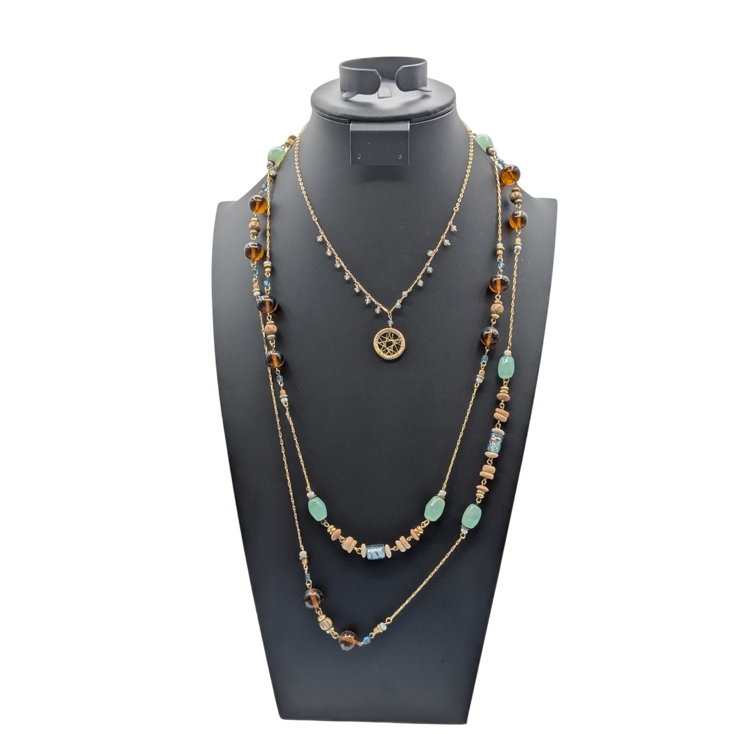 Lot of Two Vintage Boho Glass Beaded Gold Tone Necklaces