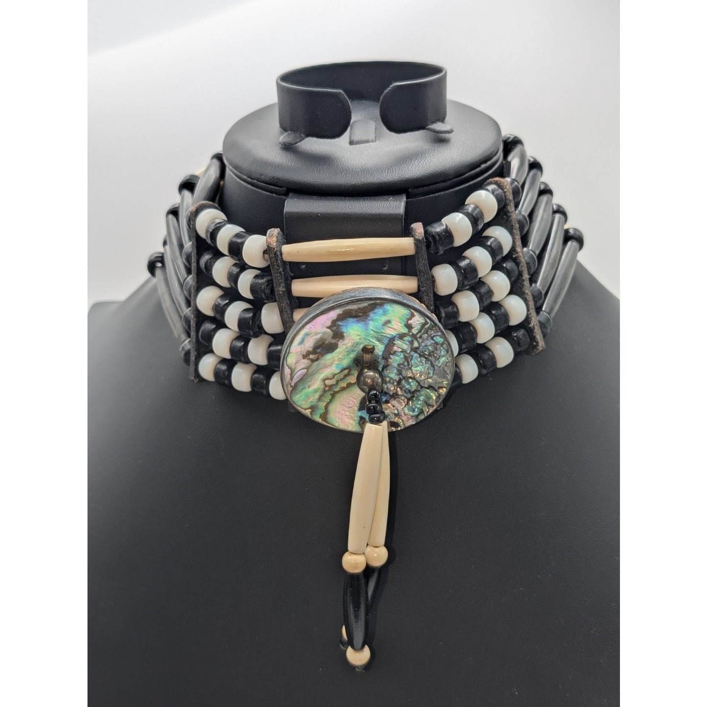 Native American Abalone Disc 5 Strand Bone Hairpipe & Glass Bead Leather Choker